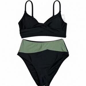 Cupshe Women Black Green Bikini Set Twist Front High Waist 2 Piece S NWT